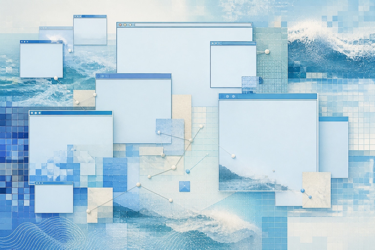 Abstract mosaic of pale-blue early-web windows and pixel textures