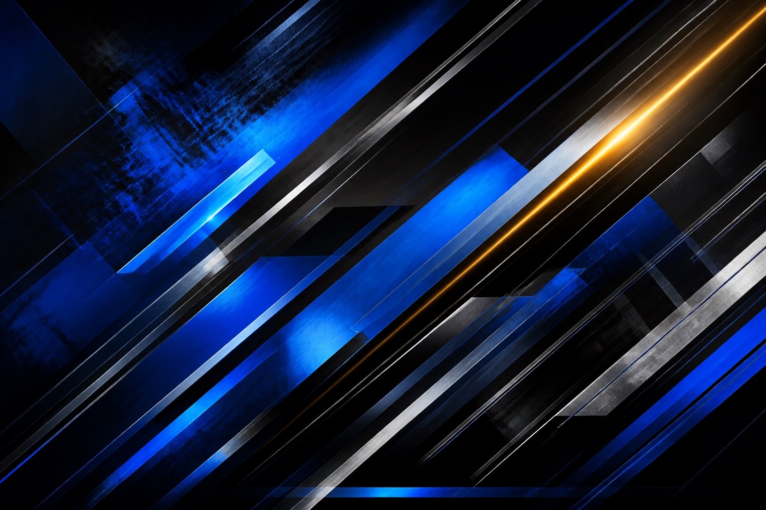 Electric blue bars and a warm diagonal pulse on a dark field