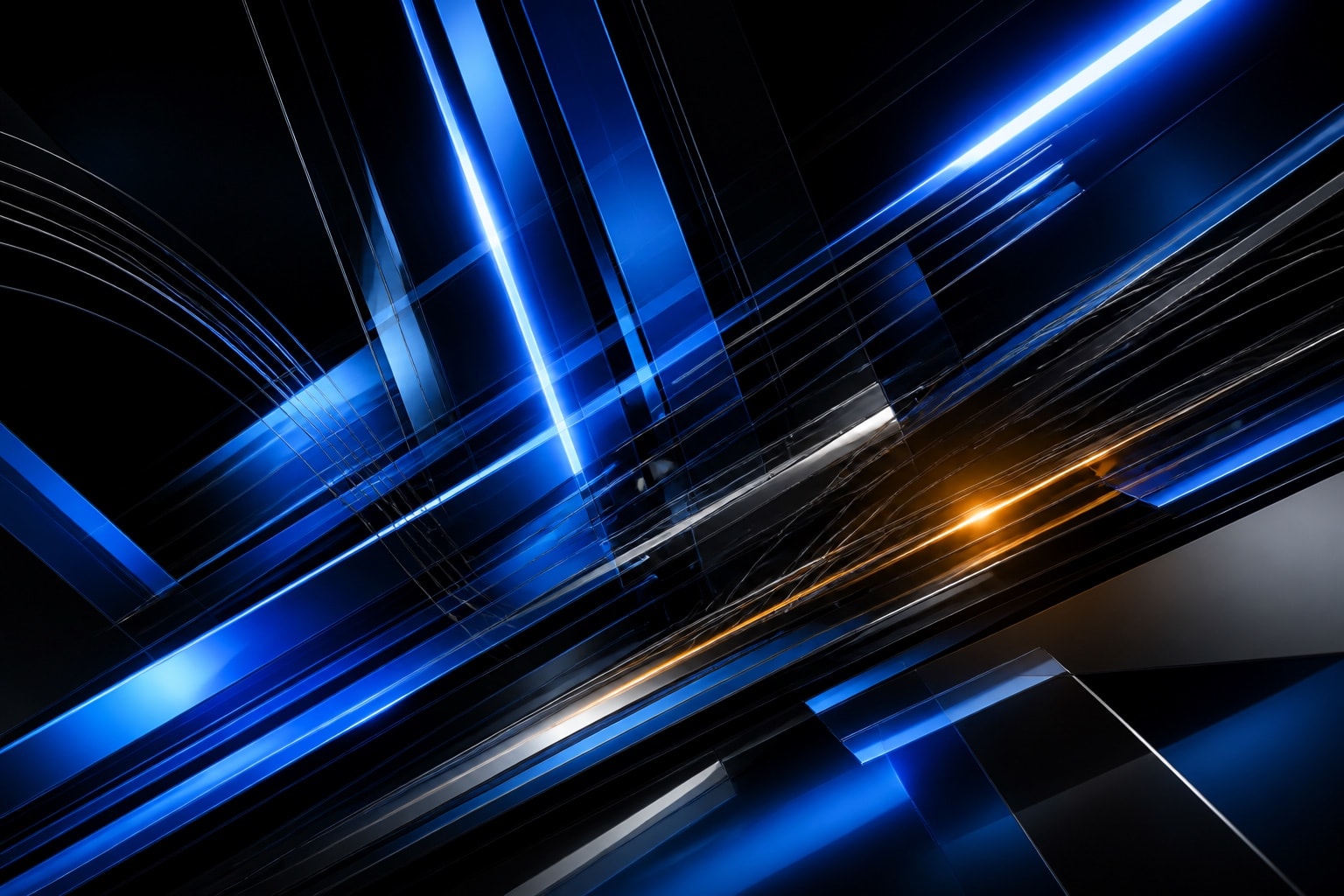 Electric blue rhythm bars crossing glossy dark geometric planes