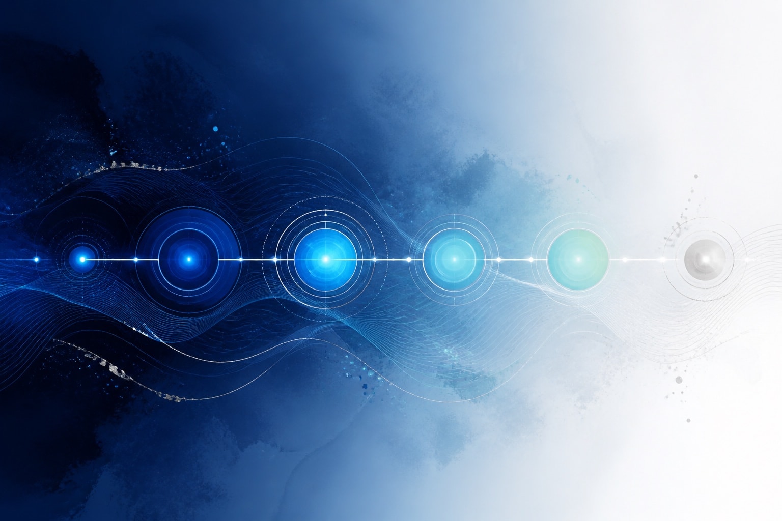 Blue luminous markers connected across an abstract chronological field