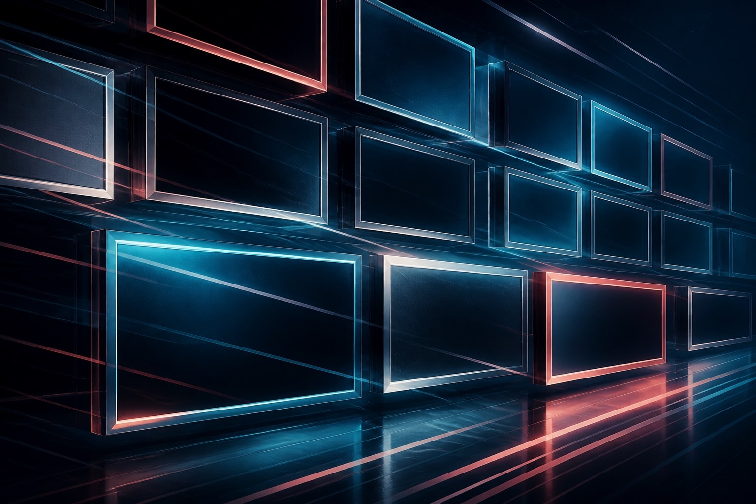 Abstract grid of luminous frames suggesting music-video editing rhythm